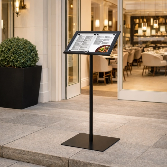 Zamykany stojak na menu 2xA4 czarny - stojak reklamowy do restauracji